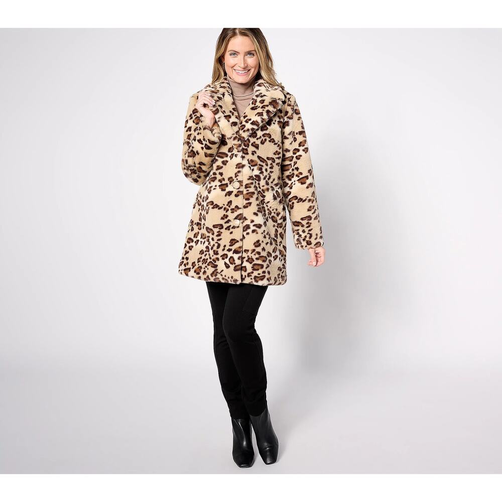 Dennis Basso Cheetah Faux Fur Coat Womens Jacket Notch Collar Crossover Lapel 1X